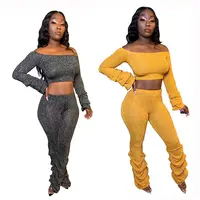 

12AF338 newest design Sequined Strapless One-Shoulder Long Sleeve Sexy & Club Pant Sets Outfits Pieces Women Two Piece