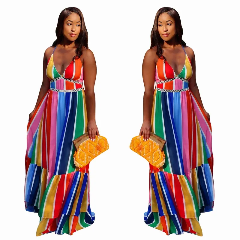 

Foma YD8502 Summer 2021 Fashion Rainbow Stripe Printed Dresses Sexy Women Backless Suspender Long Dress, 1 color