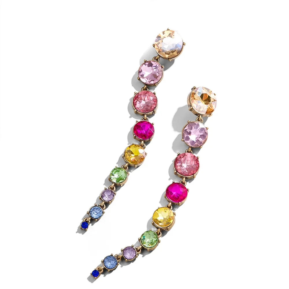 

New Fashion Long Colorful Rhinestone Dangle Earrings Rainbow Crystal Tassel Earrings For Women
