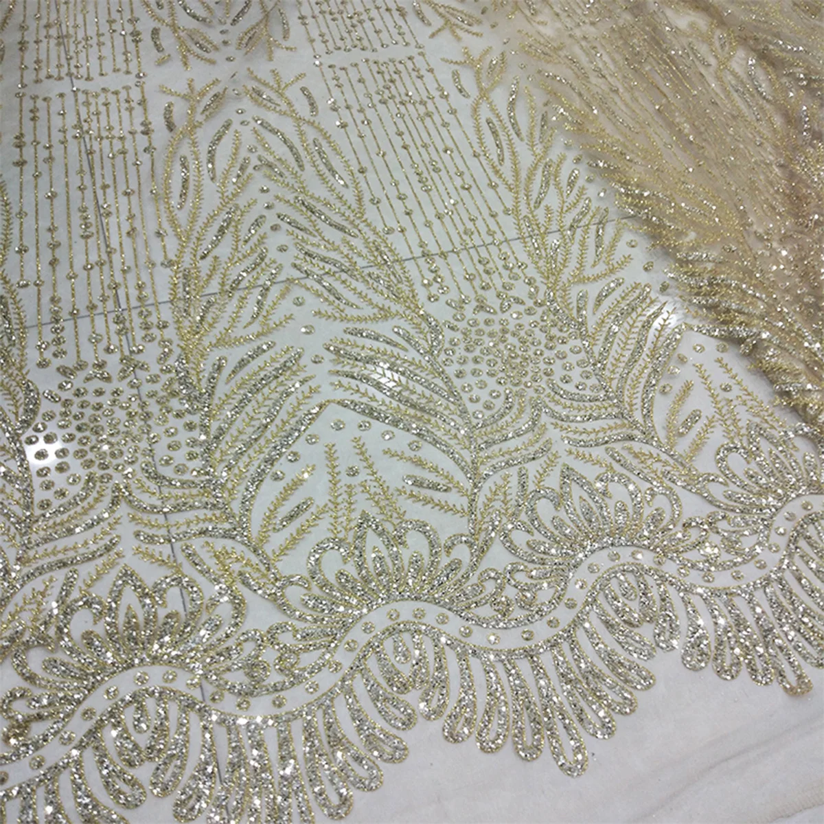 

New Design Elegant Silver Gold Two-Tone Shiny Glued Glitter Yellow Sequins Fabric For Party Evening Dress Nigerian Lace Material, Gold-silver, customized