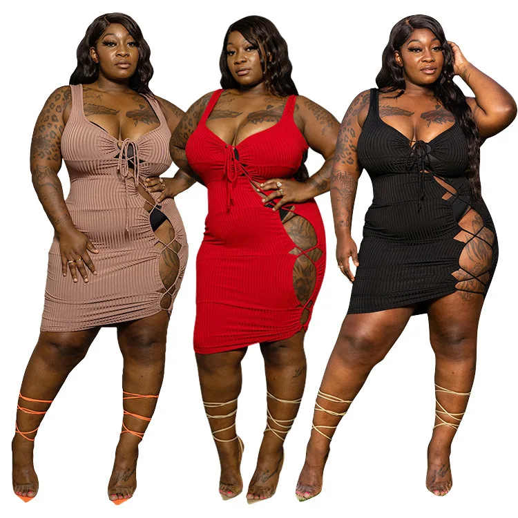 

Summer Plus Size Stretchy Dress New Style Bandage Sexy Hollow Out Rib Knit Dress Big Size Club Plus Size Dresses Women Lady, 3 colors