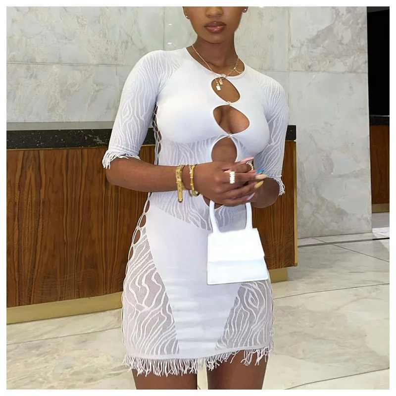 

FS5059D new arrival sexy fall tassels Dress Women short sleeve hollow elegant dresses