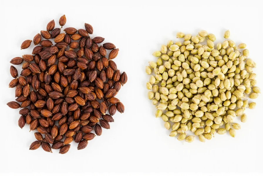 Close-up comparison of anise seeds versus fennel seeds showing size and color differences