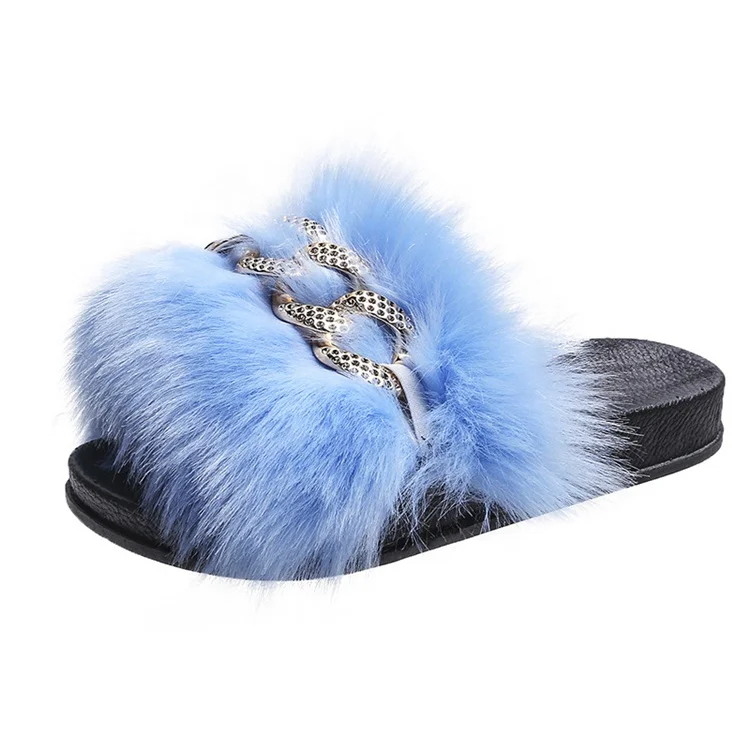 

Best seller Euro-America hot styly autumn winter outdoor furry slides chain wedge sandals fashion fur slippers