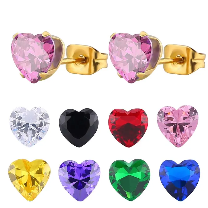 

European and American fashion titanium steel four-claw zircon ear studs stainless steel 6mm heart-shaped earrings, Picture