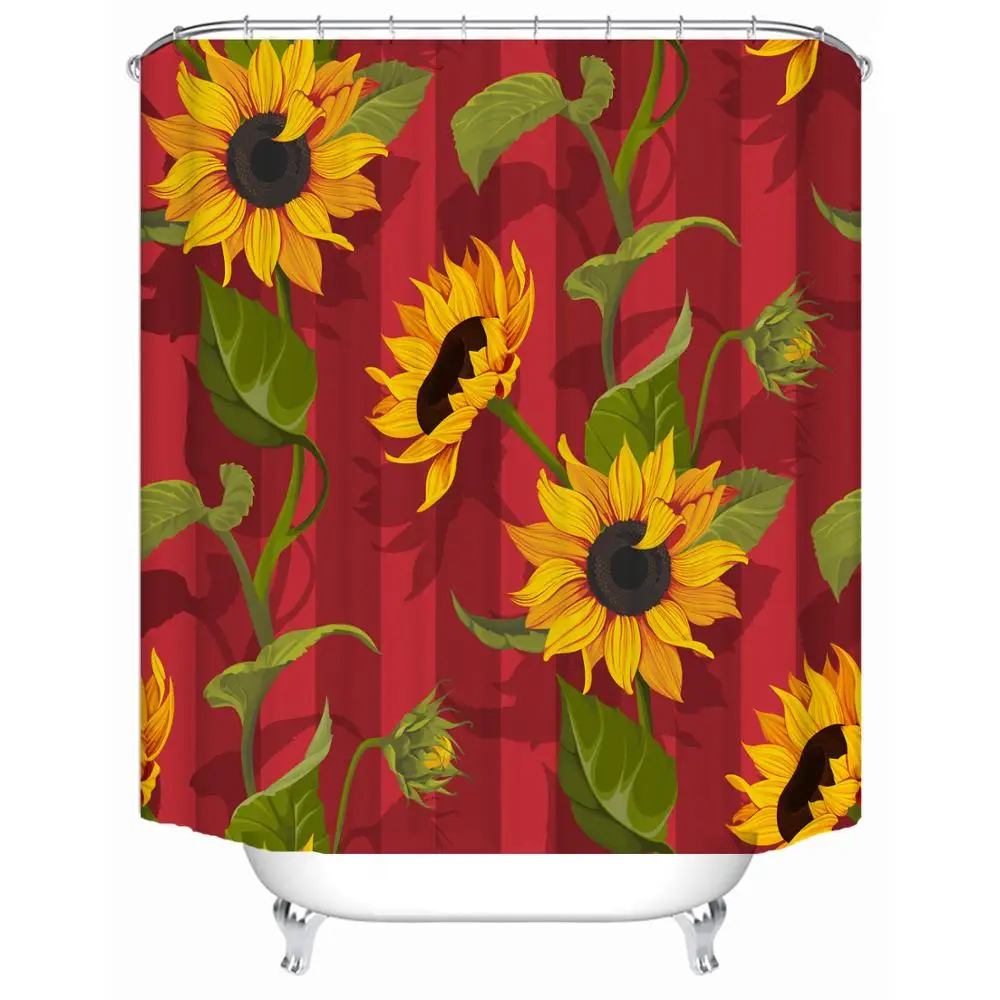 

180 x 180 cm Waterproof Covered Bathtub Bathroom Curtain Liner Red Striped Sunflower Print High Quality Fabric Shower Curtains, Picture