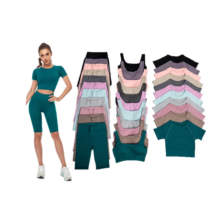 

Custom Ins Women Fitness Clothing Two And Three Piece Sports Running Ribbed Crop T Shirts And Bra Shorts Yoga Sets, Picture