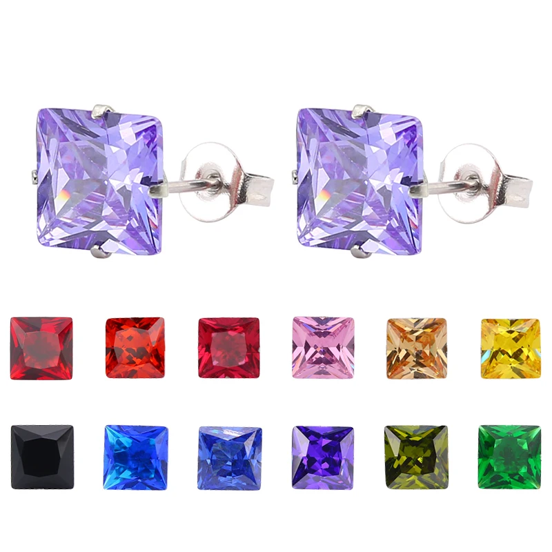 

European and American four claws inlaid square color zircon titanium steel fine needle earrings hypoallergenic female jewelry, Picture