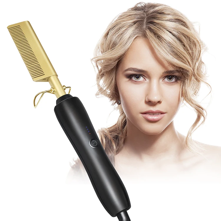 

Wholesale custom private label copper heat pressing hair straightener electric hot comb, Black+gold