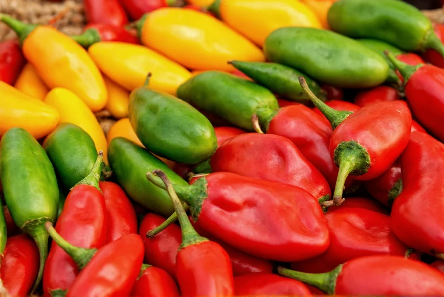 Close-up view of various chili pepper varieties arranged by heat level from mild to extreme