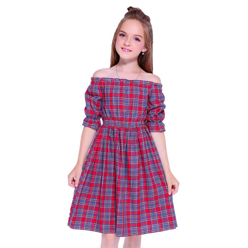 

Kseniya Kids Girl Shoulderless Dress Cotton Plaid Short Sleeve Girl Party Dress Casual Daily Life, Dark red