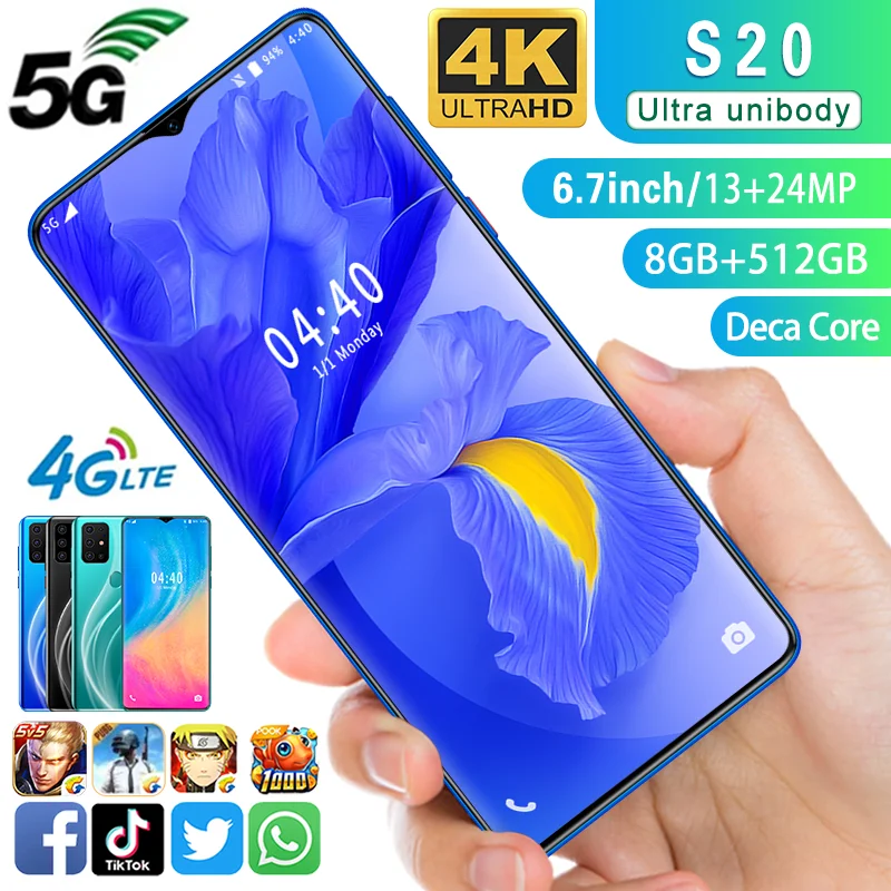 

New 4G Android SmartPhone 6.7Inch Global Delivery HD Droplet Screen 8GB+512GB unlocked Mobile Phones S20 Smartphone, Green,black ,blue