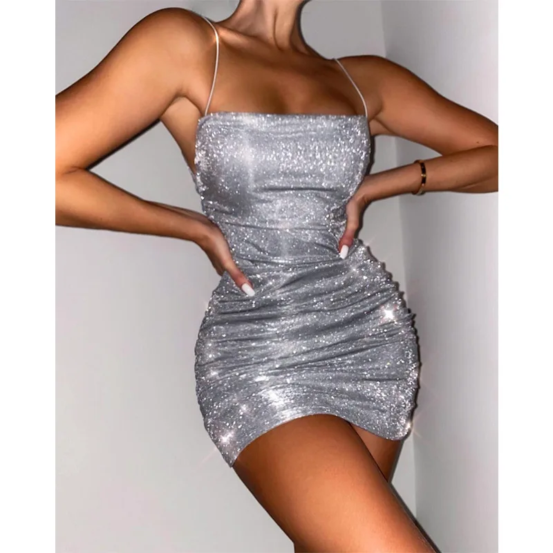 

Free Shipping R03183 - women fashion bandage sleeveless halter shiny bling pleated dress