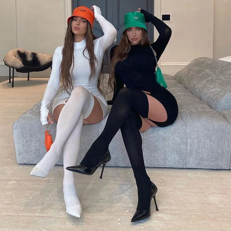 

Women Solid Color Long Sleeved High Necked Slim Fit Buttocks Sexy Dress With Hook Socks