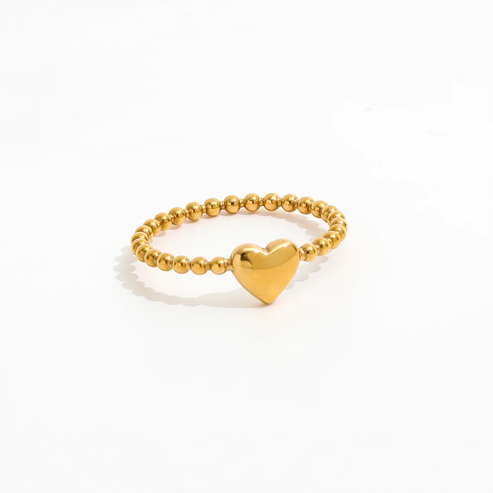 High End 18K Plain Gold Heart Bead Dainty Rings Stainless Steel Trendy Simple Gold Plated Jewelry