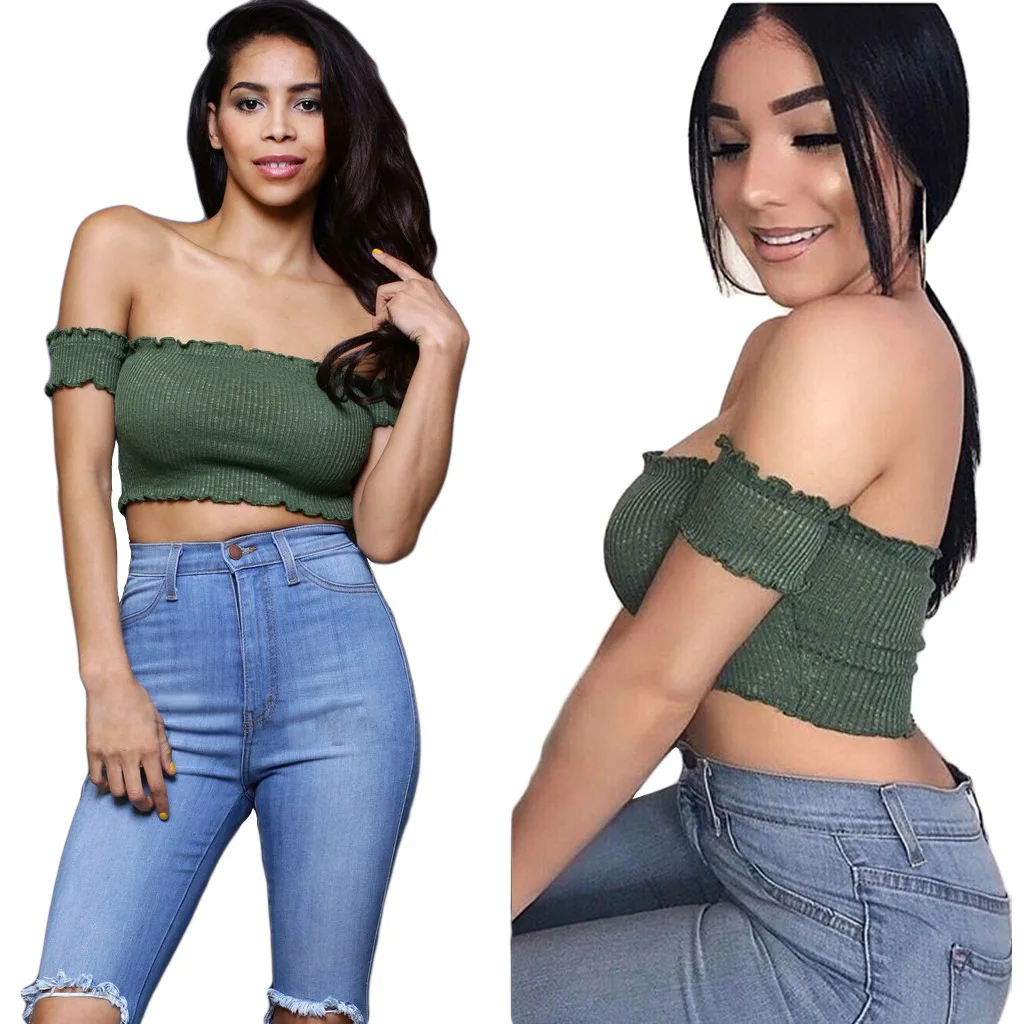 

wholesale Summer sexy word collar solid color crop top off shoulder fungus cotton rib wrap chest tank top 6 colors