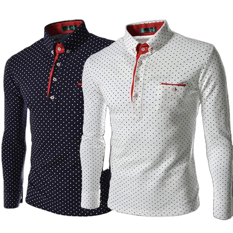 Fashion Men T-Shirt Casual Solid Color Polka Dot Print Buttons up Cotton Tee Streetwear Pullover Slim Man T Shirt