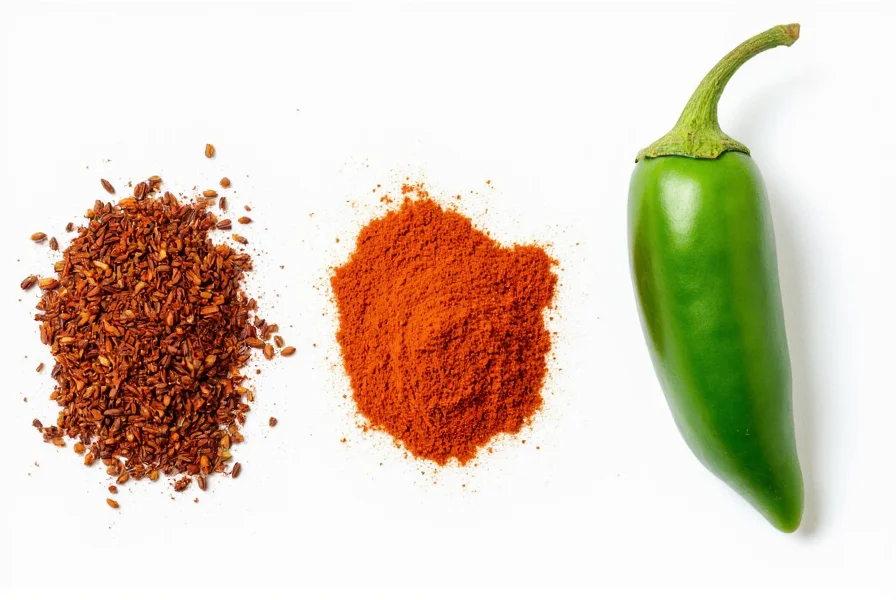 Side-by-side comparison of chipotle pepper, smoked paprika, and fresh jalapeño showing visual differences