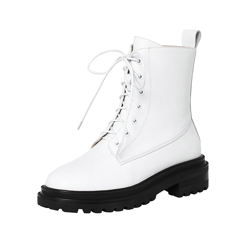 

K200 Lace up decorated thick sole heels women shoes handmade ankle boots, Black/white