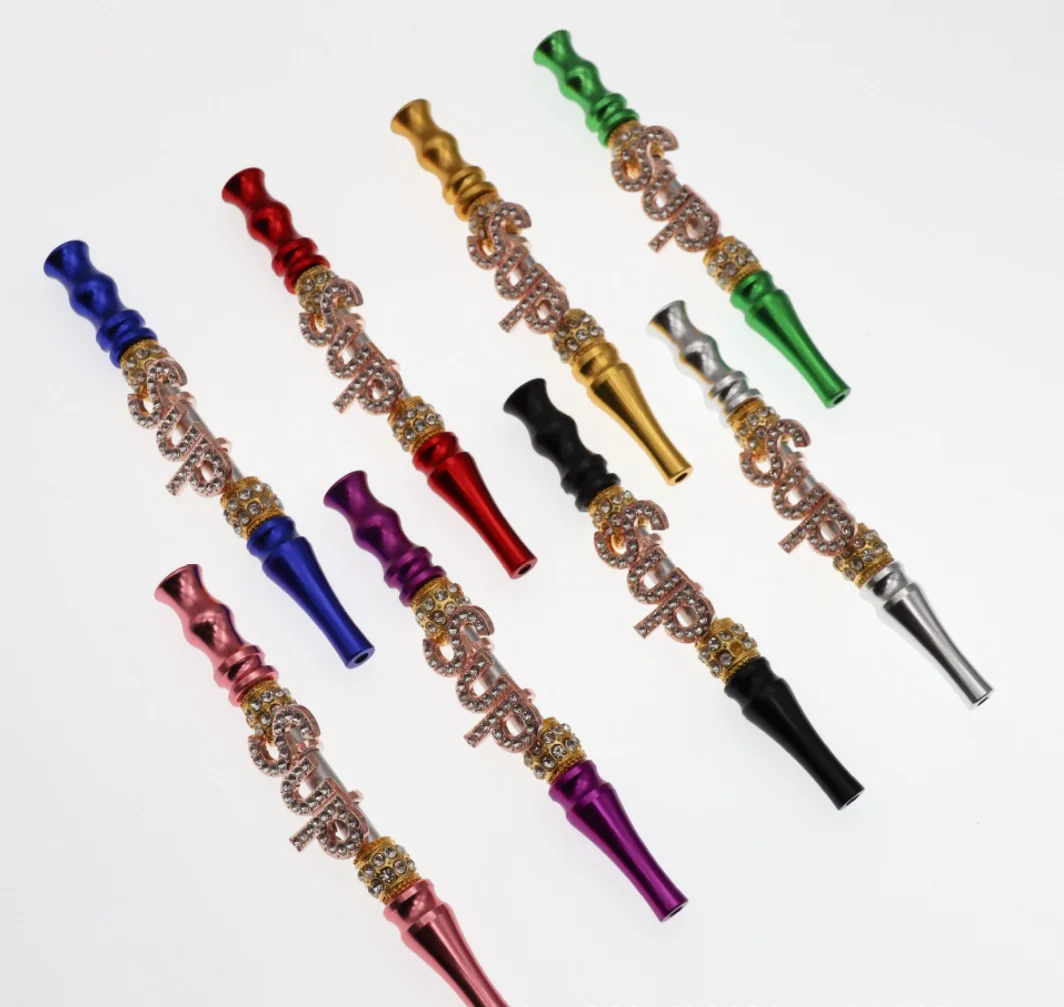 

Newest long size super 8 colors protect nails gold aluminum Hookah Tips with diamond popular logo letters blunt holders