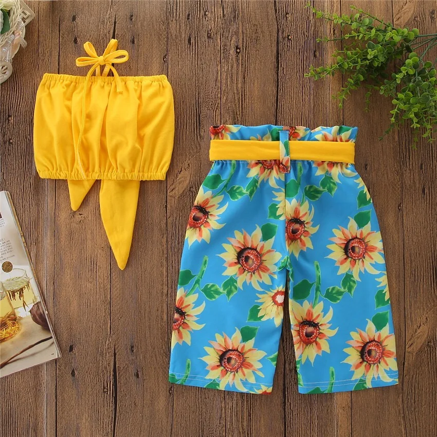 

New arrival summer sunflower printing 2Pcs girls camisole and floral pant Clothes Sets, Picture shows