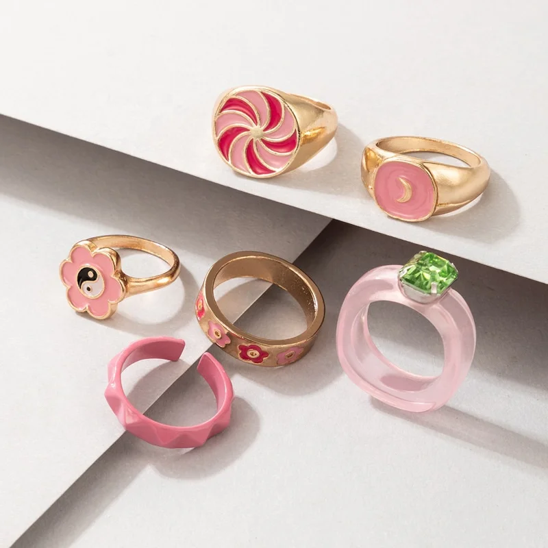 

Hot Selling Jewelry Pink Color Yin Yang Enamel Ring Set Geometry Windmill Flower Drop Oil Y2K Rings Set For Women Gift