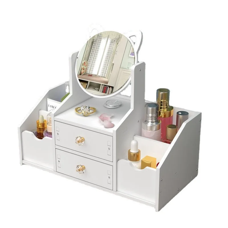 Luxury White Round Mirror Nordic Cosmetic Storage Box Makeup Organizer with Cat Ears