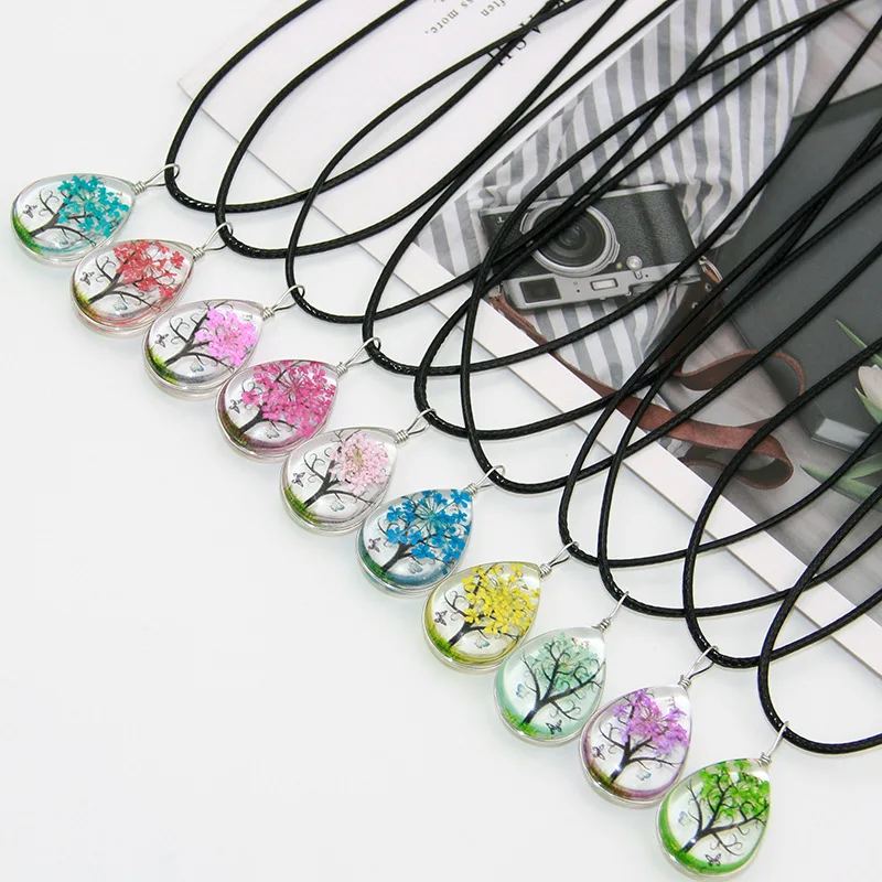 

Herbarium Gypsophila Cherry Jewelry Real Dry Flower Sweater Chain Retro Glass Ball Pendant Necklace