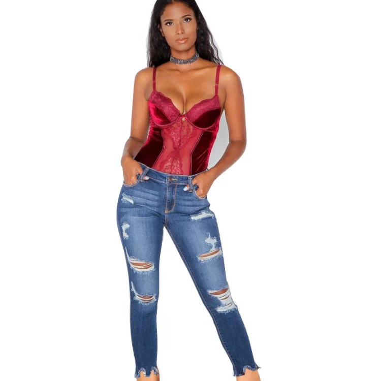 

New fashion lady Hole Tight Slim Wide Leg pants High waist Feet lace Leisure Sexy girl Pencil pants Women jeans, Black