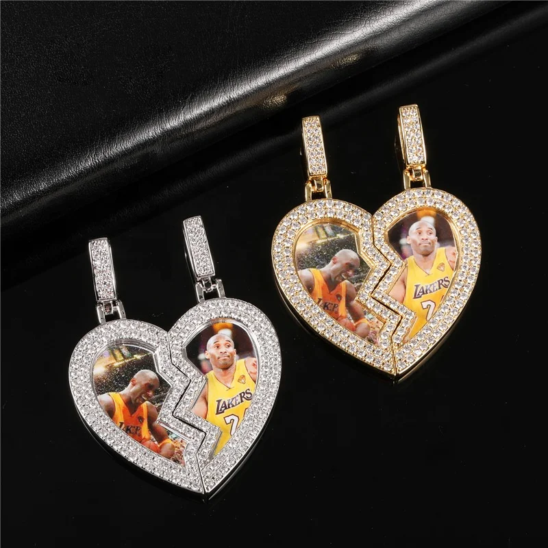 

Hip Hop Jewelry Love Broken Heart Custom Picture Photo Pendant Brass Iced Out CZ Personalized Necklaces Jewelry Couple Women Men, Color,silver,rose