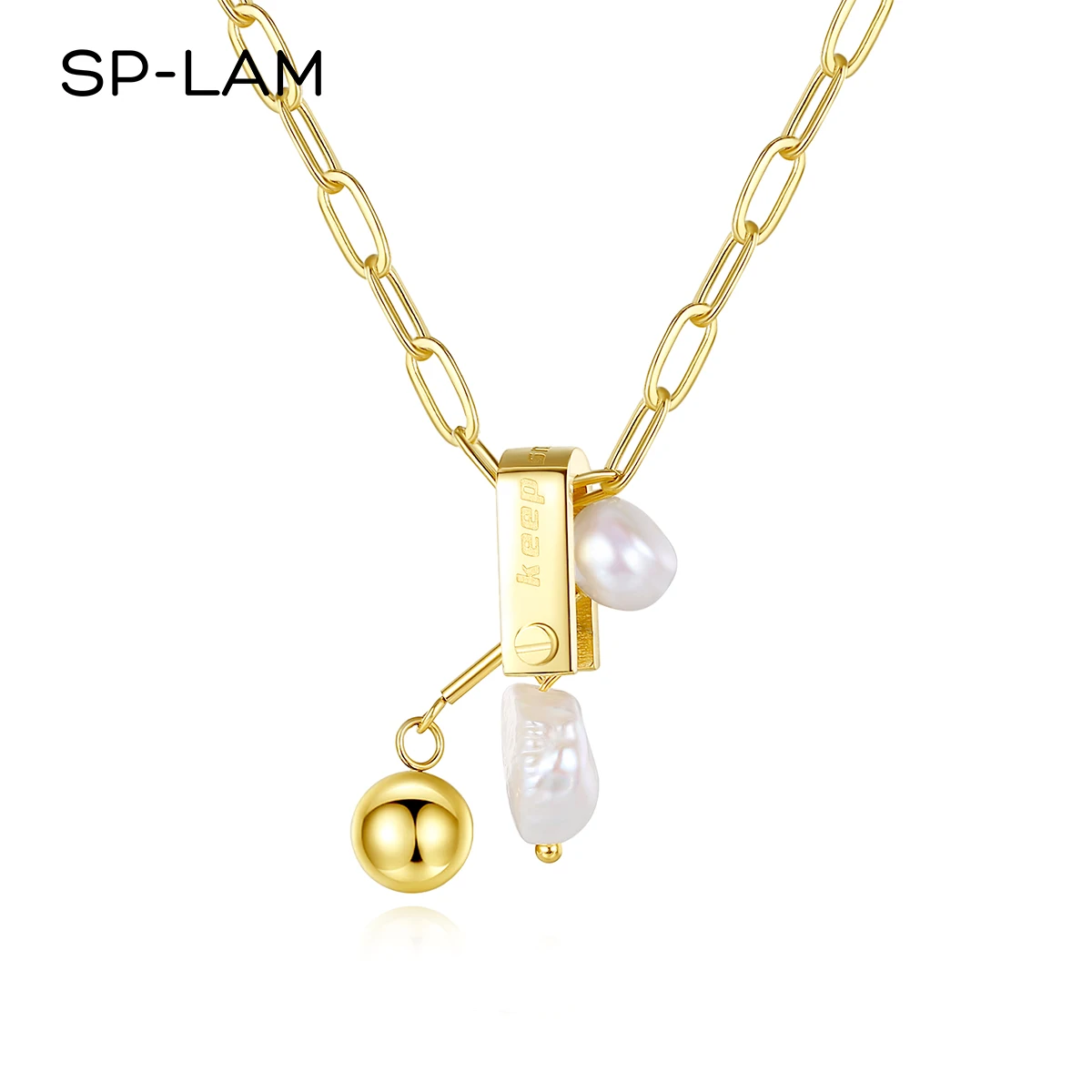 

SP-LAM Fashion Girls Pendant Stainless Steel Chain Link Woman Jewelry Rice Pearl Gold Trendy Necklace