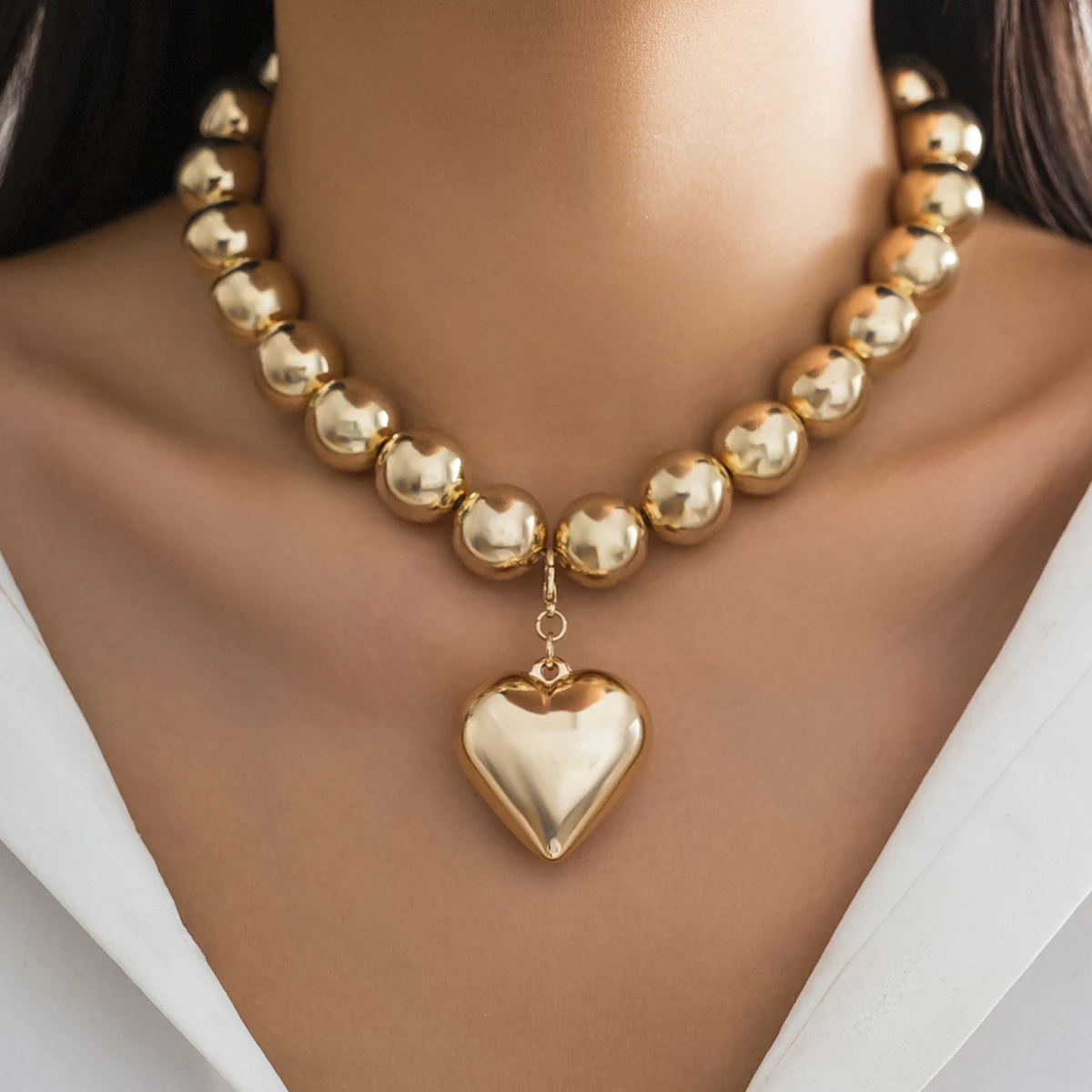 

SHIXIN Punk Big Love Heart Pendant Choker Necklace for Women Vintage Chunky Heavy CCB Beads Chain Grunge Jewelry Steampunk Men
