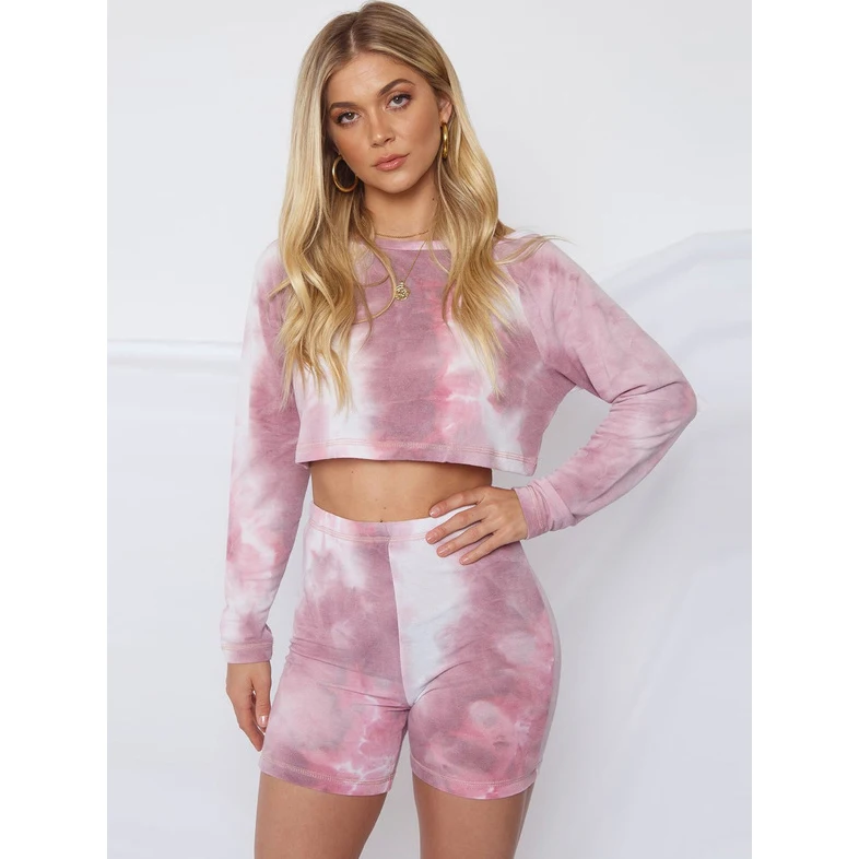 

women's summer short pants two piece women knitted customized Tie Dye Knit Pyjamas Set Women's Sleepwear