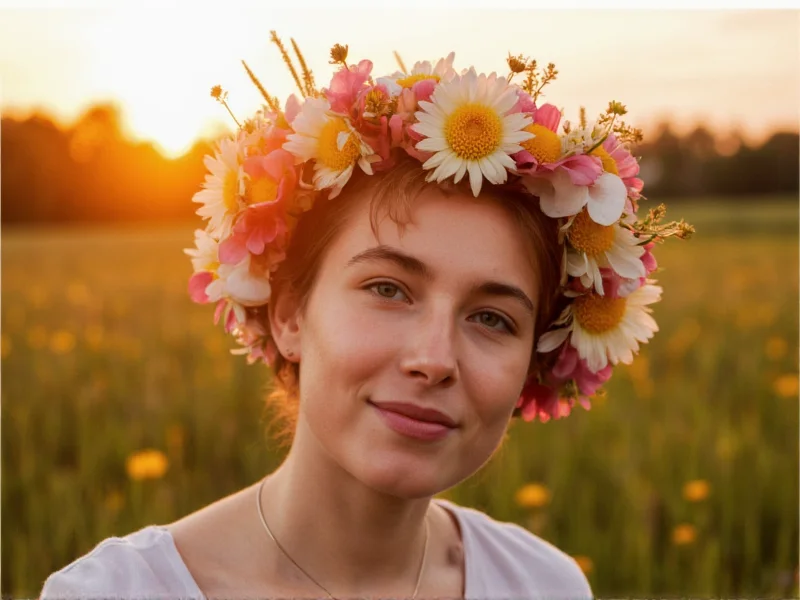 Handmade flower crown with wildflowers at golden hour