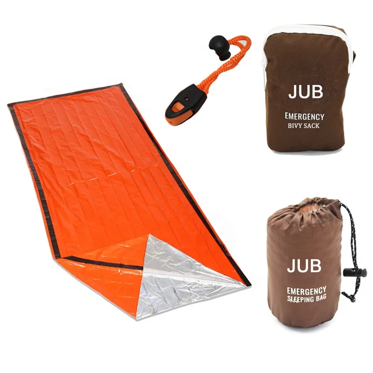 

Outdoor waterproof ultralight bivy sack thermal mylar aluminum foil emergency sleeping bag with survival whistle for camping, Orange/silver