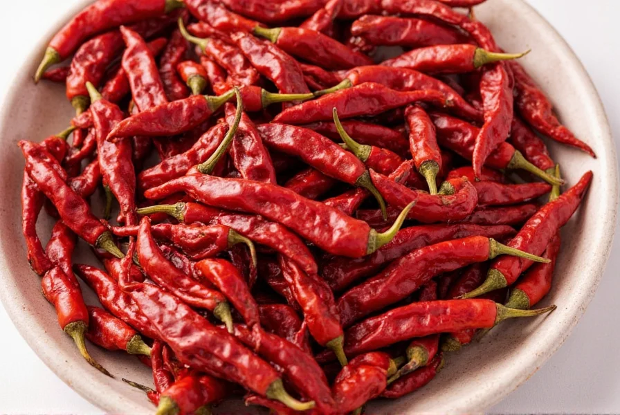 Various types of dried red chiles arranged on a wooden table