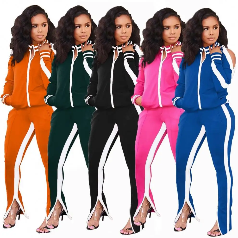 

Custom Logo Wholesale Sweat Suits Solid Striped Women Two Piece Zipper Set, Customized color