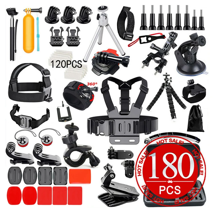 

180 In 1 Personalized Sport Camera Accessories Go Pro 6 4K Mount Kit Set, Black