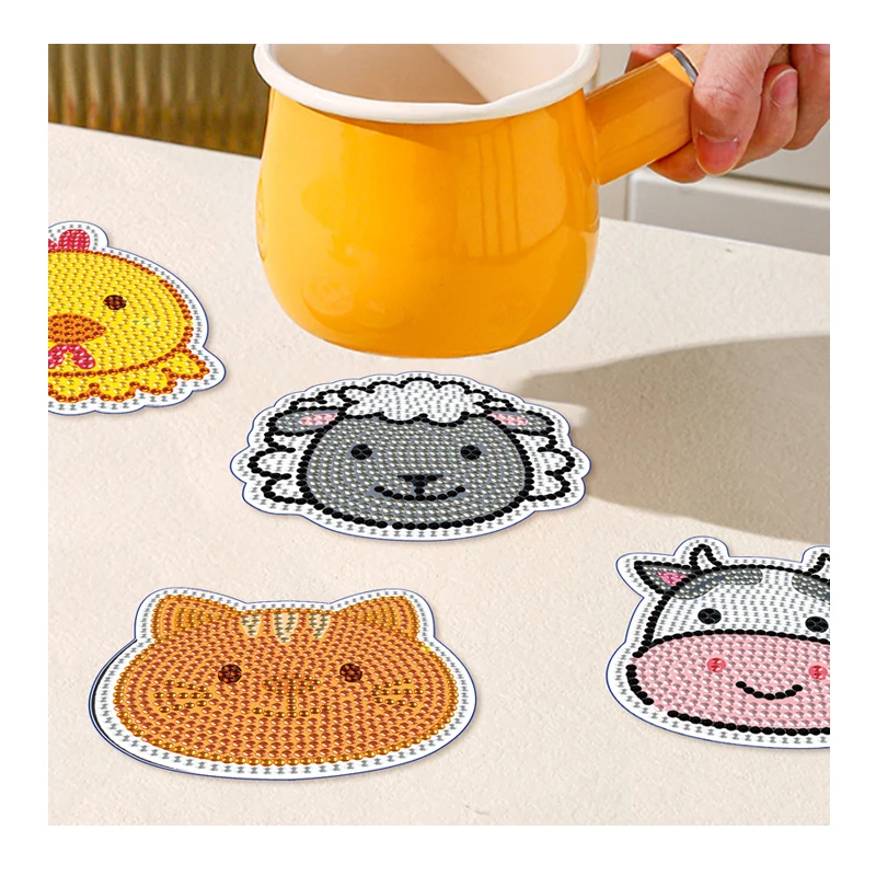 

8 Pieces DIY Diamond Painting Coasters Kit Cartoon Pink Pig Animal Rhinestone Diamonds Art Acrylic Coaster With Holder Cup Mat