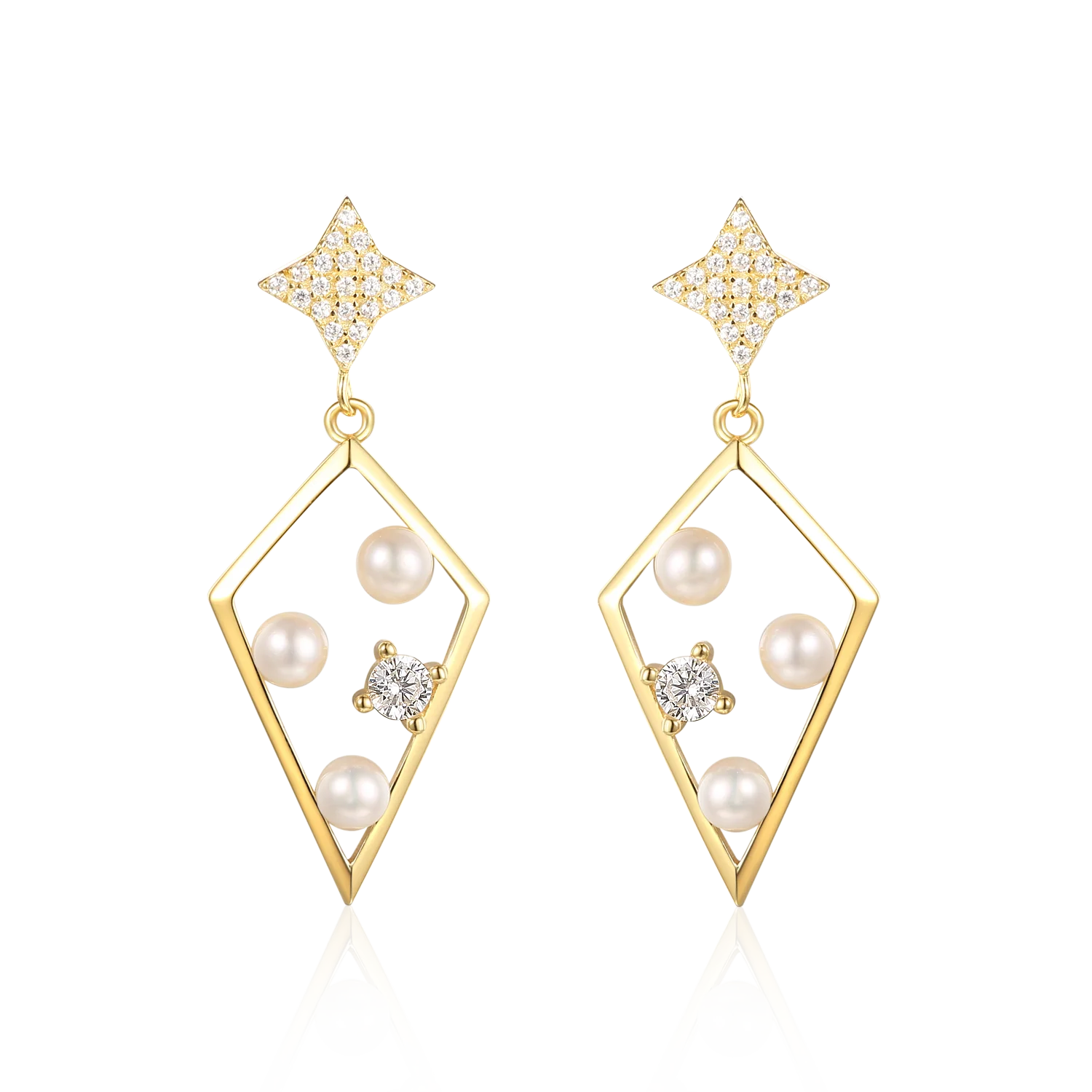 

Joacii 925 Sterling Silver 18K Rose Gold 3 Pearl Zircon Star Diamond Items Spade Earring With Smycken, Silver/gold