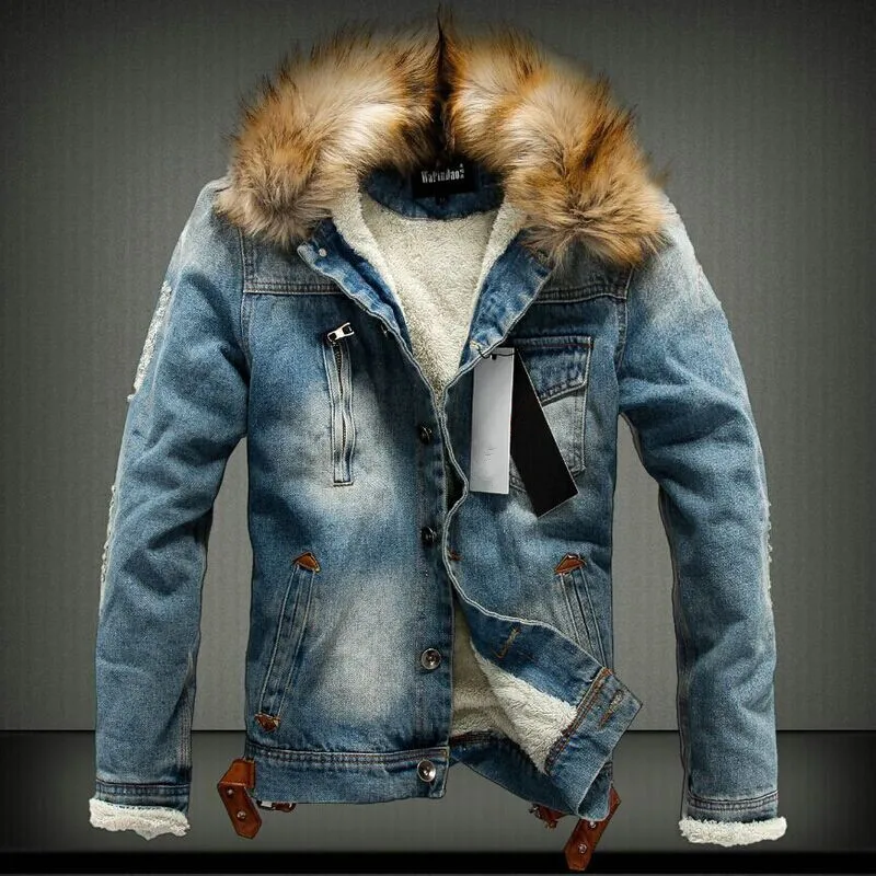 

Winter Autumn Pocket Button Warm Faux Fur Coat men fur inside jean jacket with fur