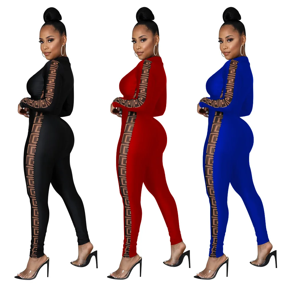 

Night Club Fall Clothing Bodycon Jumpsuit Fashion Printed Mesh Patchwork Long Sleeve Sexy Womens Playsuit, Picture color