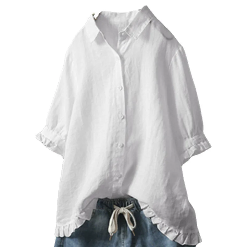 

Summer new style women's casual single-breasted ruffled nine-point sleeve solid color shirt