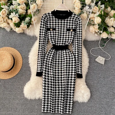 

2021 Latest Designs Women Sexy Plaid Knitted Dress