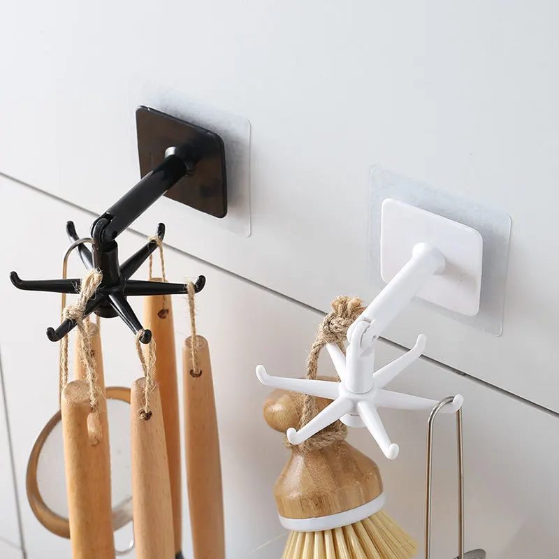 

360 Degrees Rotated Kitchen Hooks Self Adhesive 6 Hooks Home Wall Door Hook Handbag Clothes Ties Bag Hanger Hanging Rack, Customized color