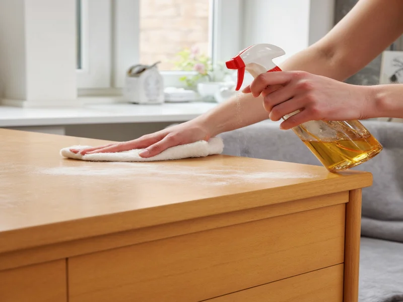 Applying homemade dusting spray to wooden furniture