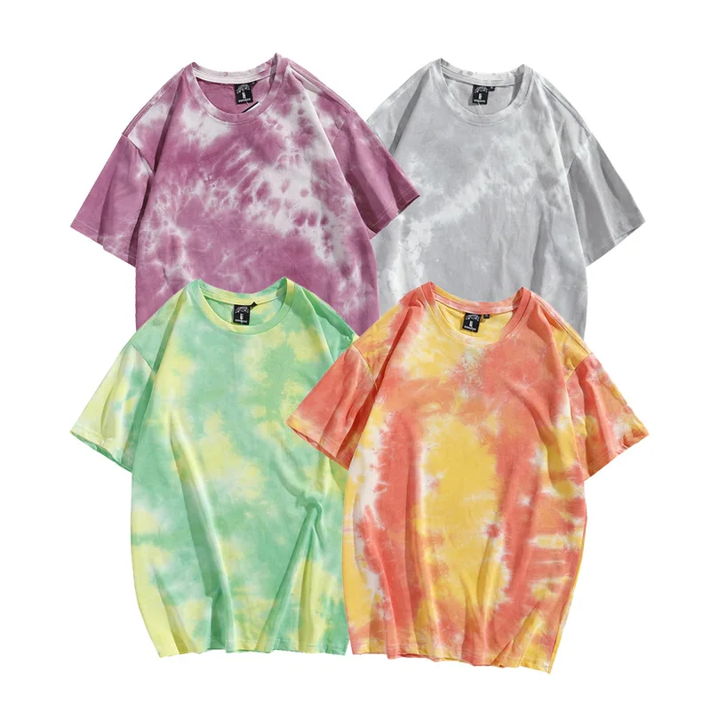 

Tie Dye T Shirt 2021 Summer Purple Orange Grey Green Hip Hop Short Shirts Fashion Cotton Custom Tie Dye T Shirt Men, 4 colors