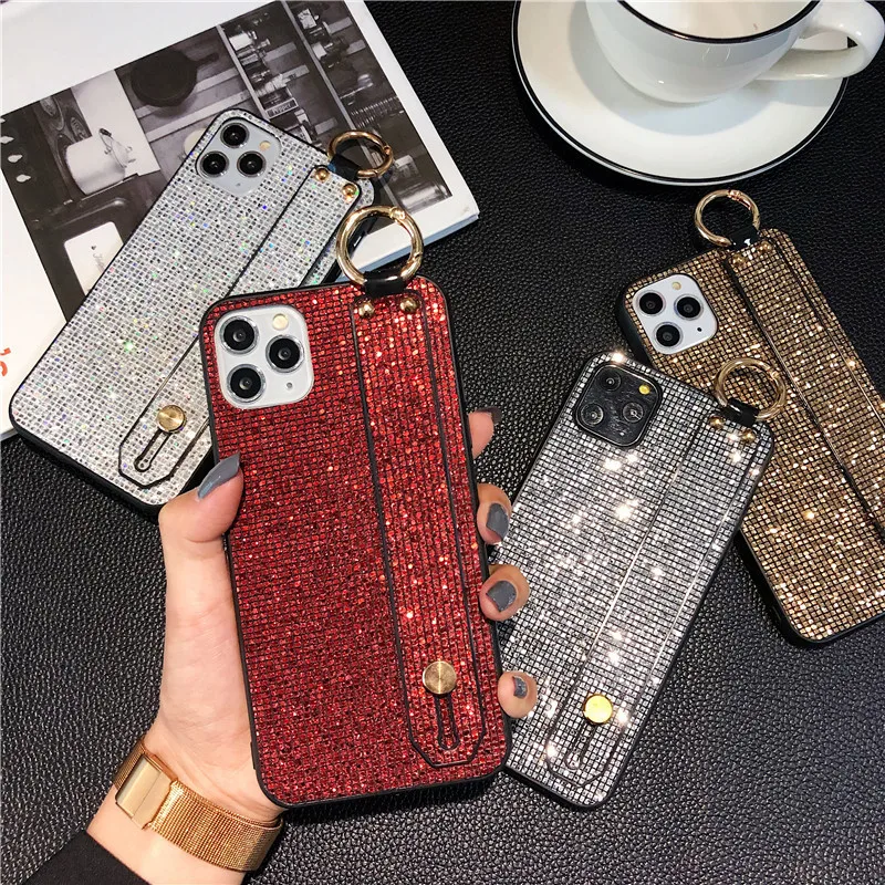 

luxury designer glitter cell phone cases for iphone11 pro max 12 bling bling mobile phone bags with wristband stand, Multicolor