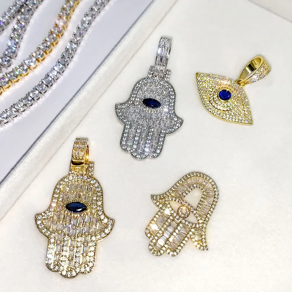 

hip hop men micro pave zircon bling iced out evil hamsa eye pendant necklace