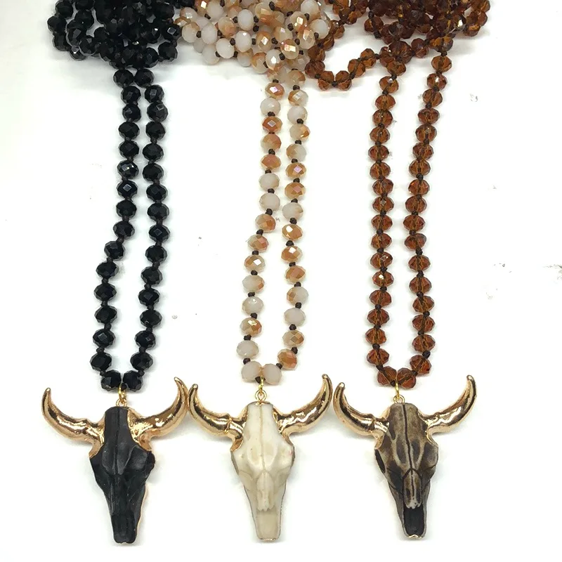 

Tribal 90cm Long 8mm Crystal Beads OX BULL Buffalo Horn Cow Skull Head Pendant Knotted Jewelry Necklace, Black,coffee,pink